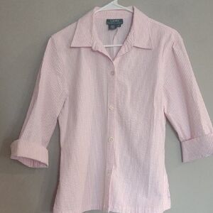 LaurenRalph Lauren Women's Medium Pink Striped  3/4 Sleeve‎ Button Down Top